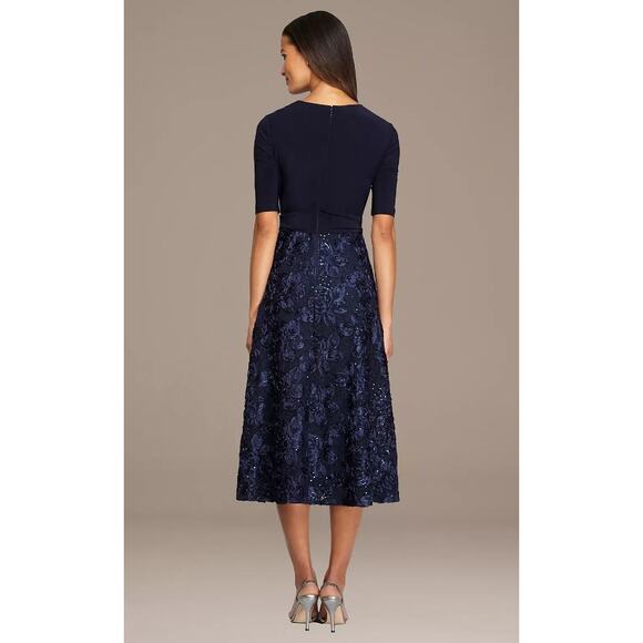 ALEX EVENINGS Tea-Length Soutache Dress 12 PETITE Navy Blue Tie Belt NWT - Picture 2 of 10